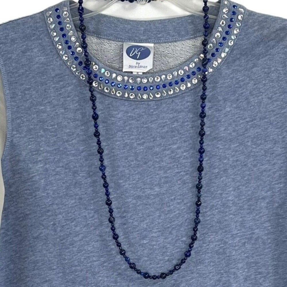 DG by Diane Gilman Knit Top Size S Rhinestones Long Sleeves Necklace Blue Womens